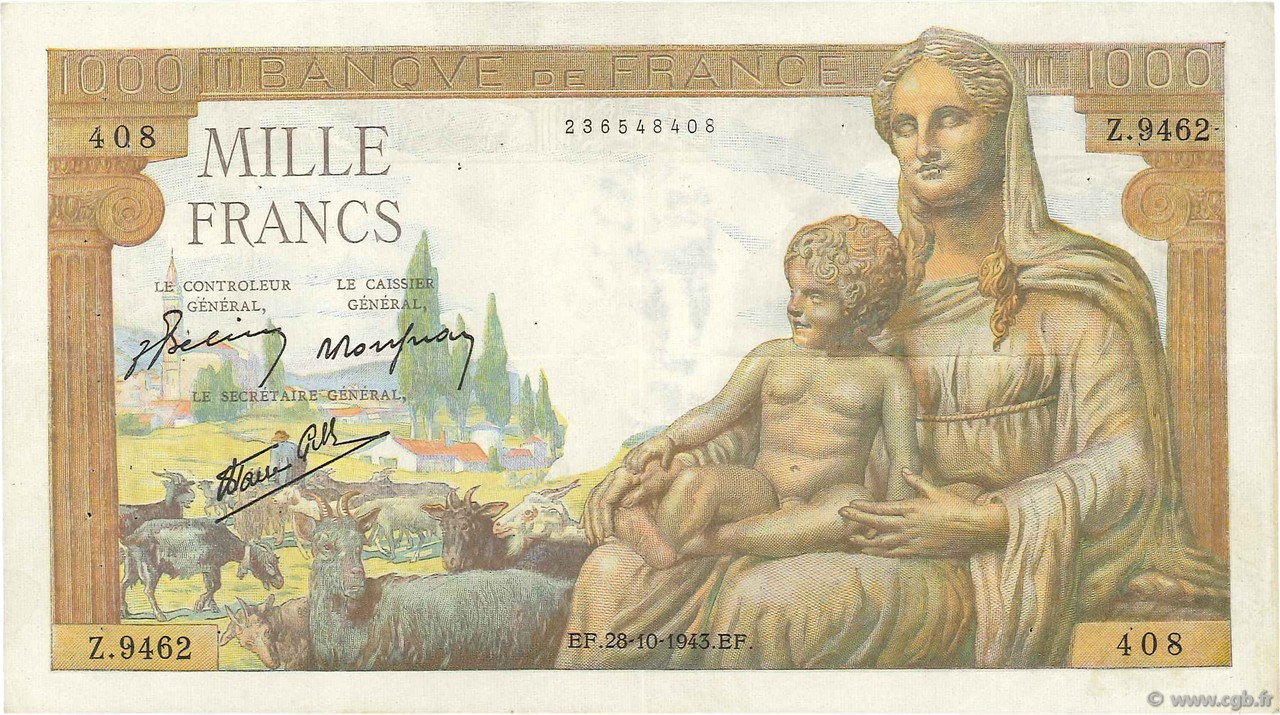 1000 Francs DÉESSE DÉMÉTER FRANCE  1943 F.40.38 VF