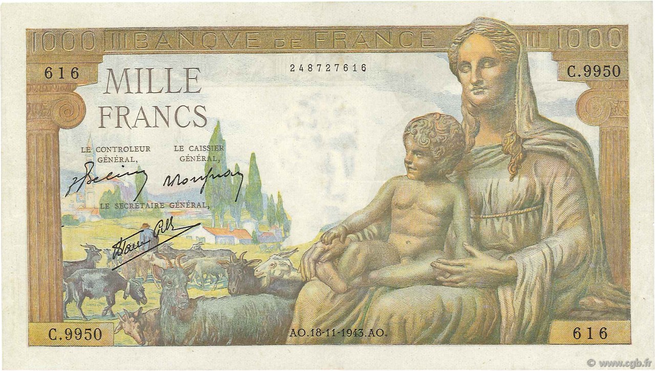 1000 Francs DÉESSE DÉMÉTER FRANCE  1943 F.40.40 VF+