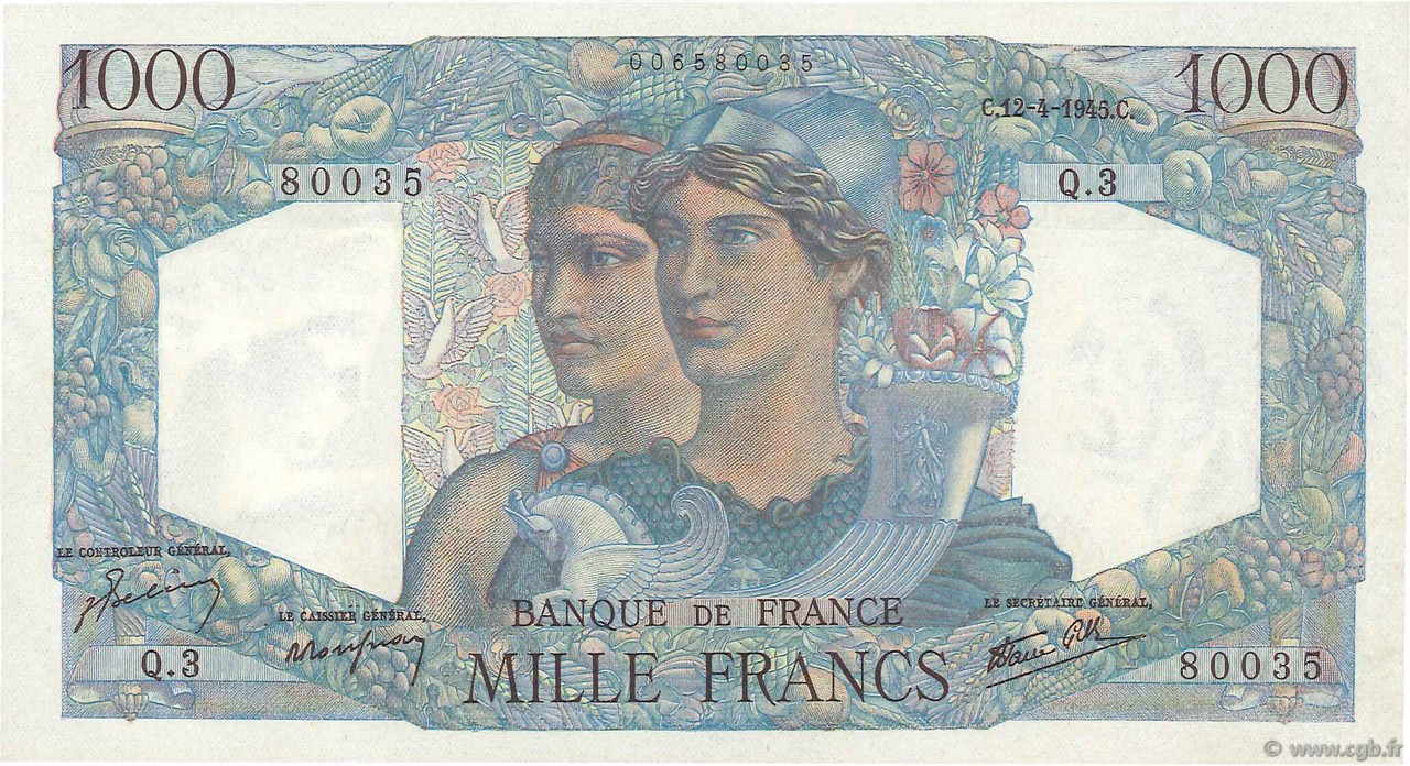 1000 Francs MINERVE ET HERCULE FRANCE  1945 F.41.01 AU
