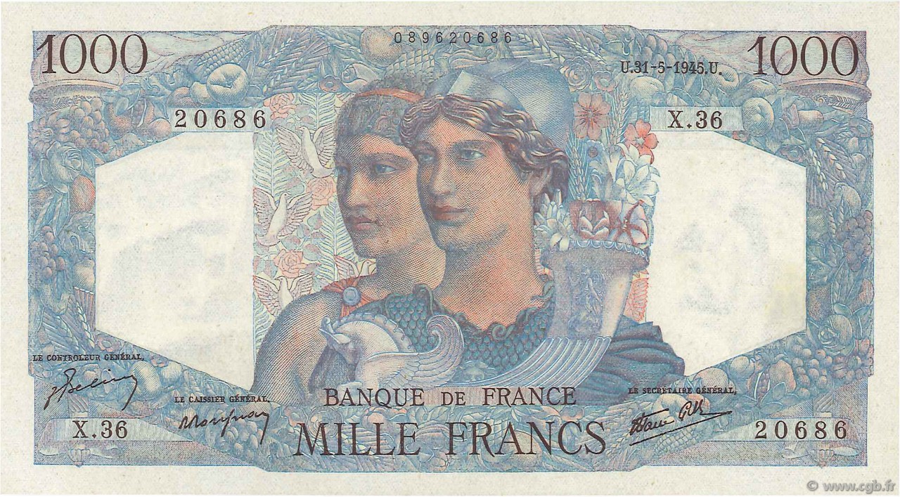 1000 Francs MINERVE ET HERCULE FRANCIA  1945 F.41.03 FDC
