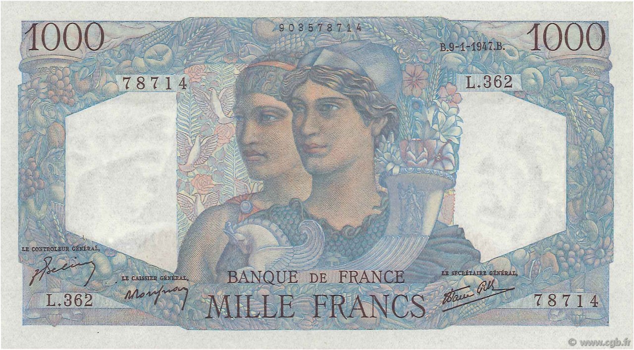 1000 Francs MINERVE ET HERCULE FRANKREICH  1947 F.41.18 VZ