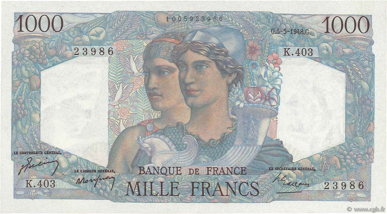 1000 Francs MINERVE ET HERCULE FRANKREICH  1948 F.41.20 fST+