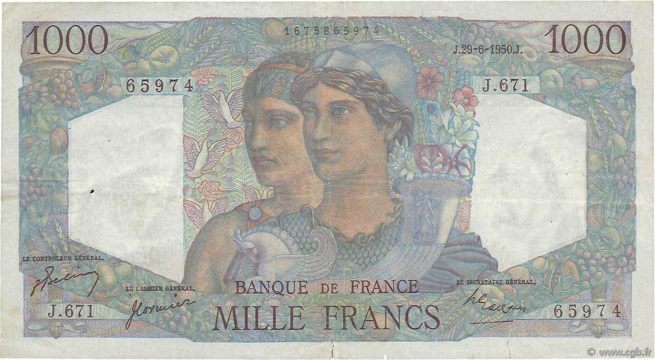 1000 Francs MINERVE ET HERCULE FRANKREICH  1950 F.41.33 SS