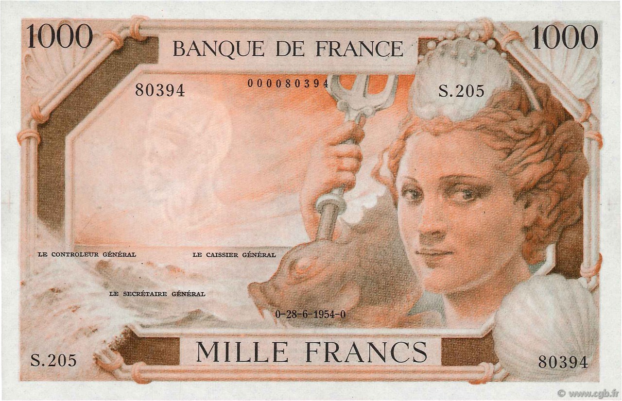 1000 Francs AMPHITRITE type 1954 FRANKREICH  1954 NE.1954.03a ST