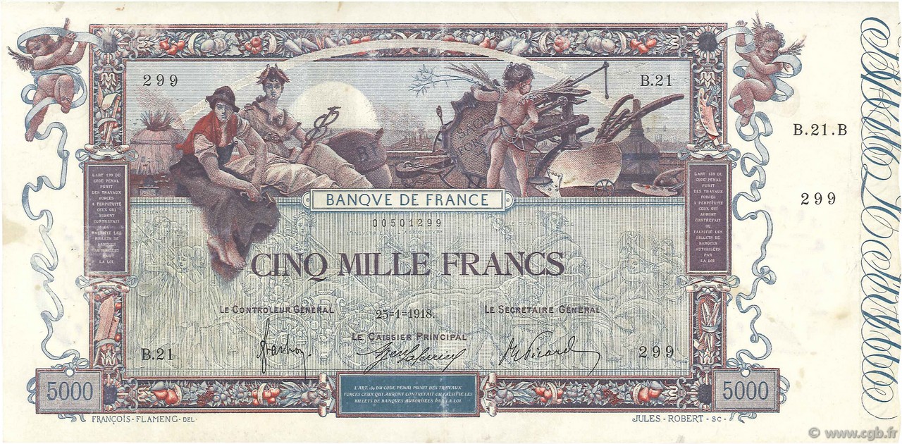 5000 Francs FLAMENG FRANCE  1918 F.43.01 VF+