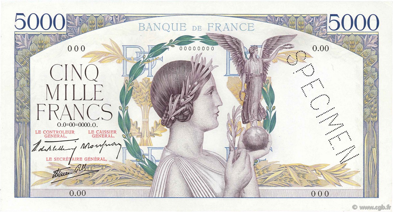5000 Francs VICTOIRE Impression à plat FRANCIA  1938 F.46.00Ed q.FDC