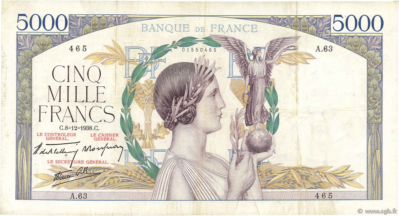 5000 Francs VICTOIRE Impression à plat FRANCE  1938 F.46.01 VF-
