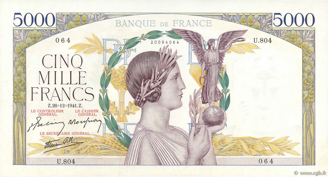 5000 Francs VICTOIRE Impression à plat FRANCE  1941 F.46.31 AU