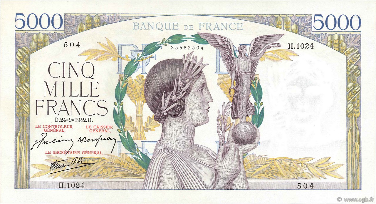 5000 Francs VICTOIRE Impression à plat FRANCIA  1942 F.46.41 AU