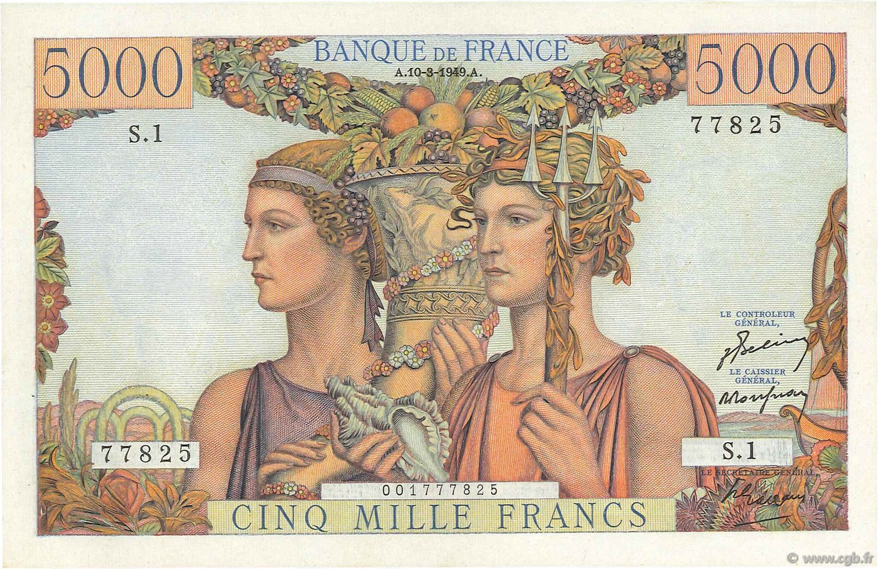 5000 Francs TERRE ET MER FRANCE  1949 F.48.01 AU-