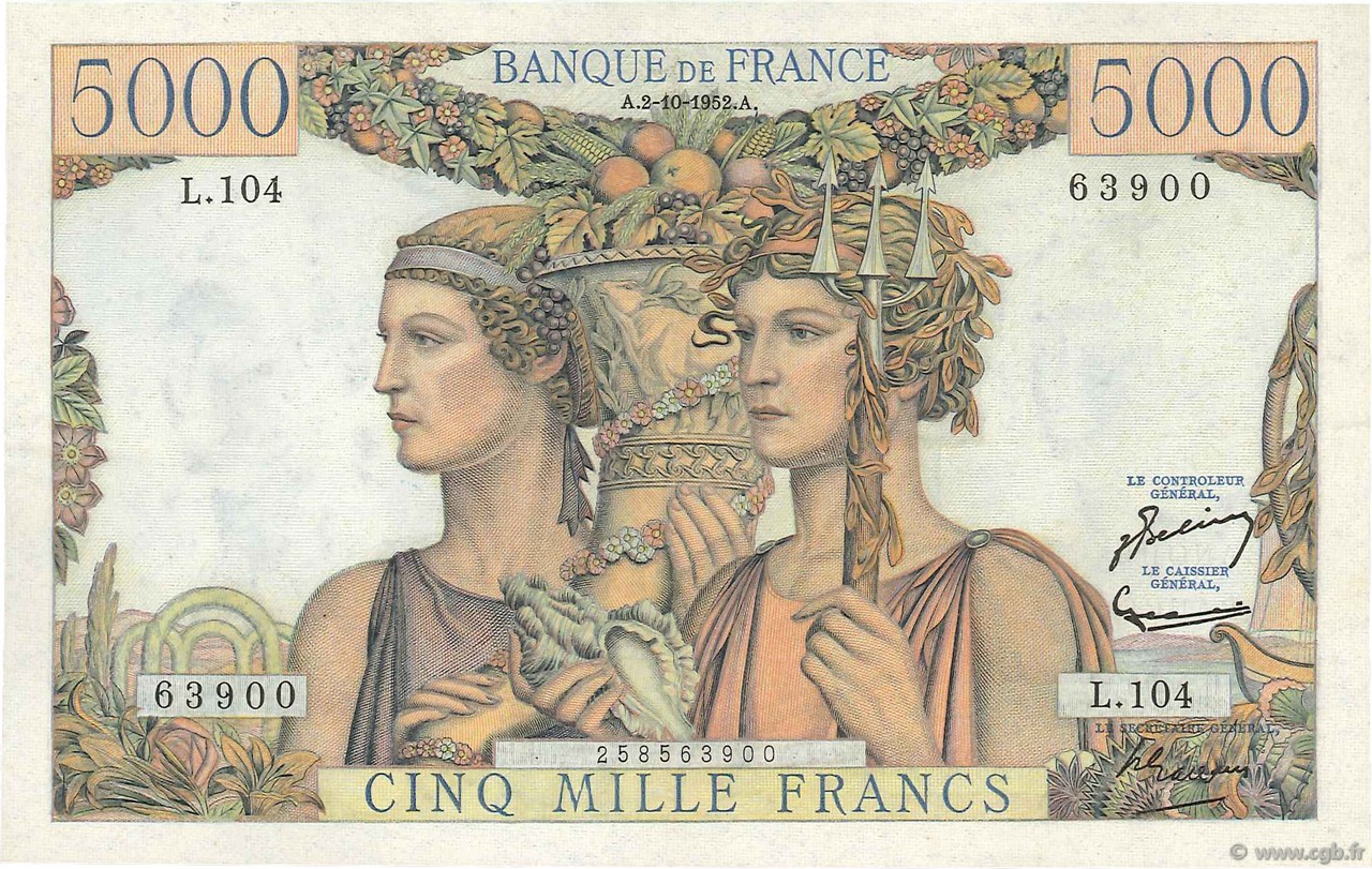 5000 Francs TERRE ET MER FRANCIA  1952 F.48.07 EBC