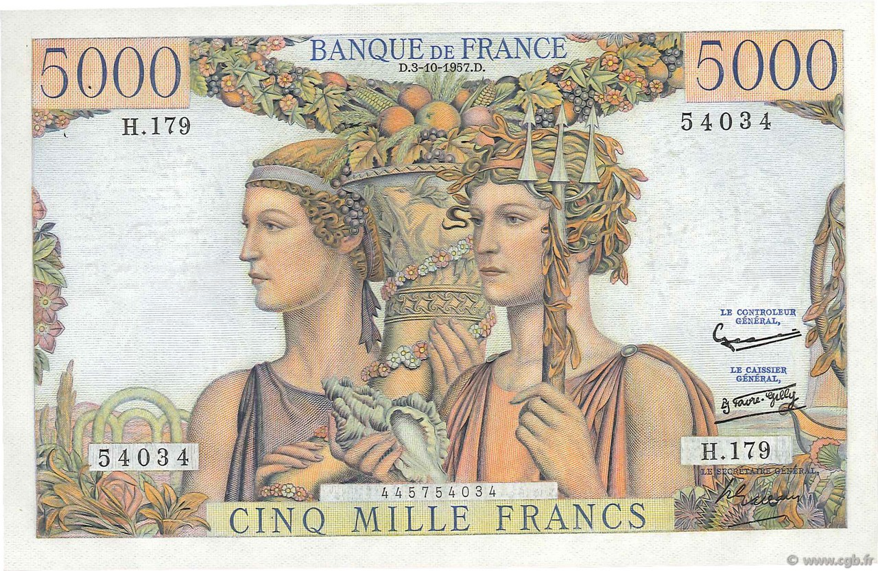 5000 Francs TERRE ET MER FRANCE  1957 F.48.17 pr.SPL