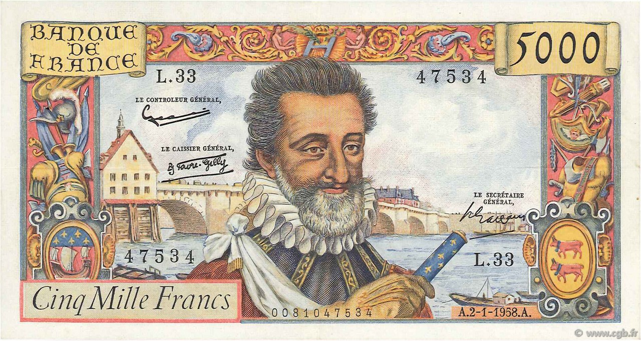 5000 Francs HENRI IV FRANCIA  1958 F.49.05 q.SPL