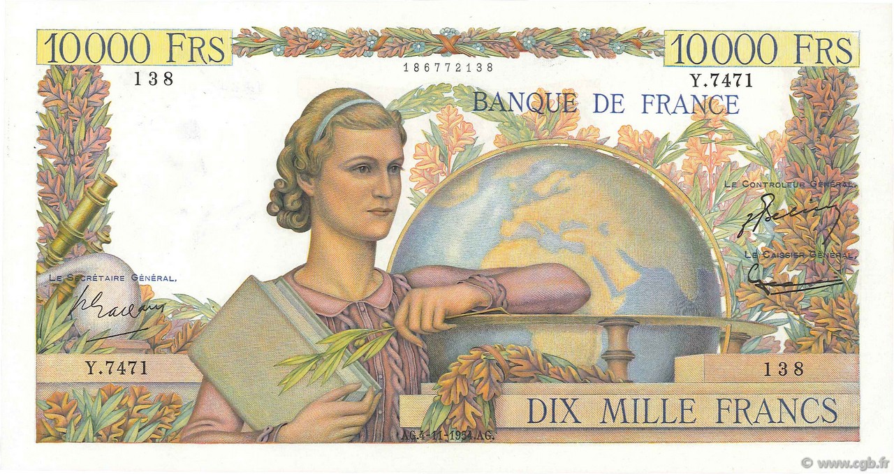 10000 Francs GÉNIE FRANÇAIS FRANCIA  1954 F.50.72 AU