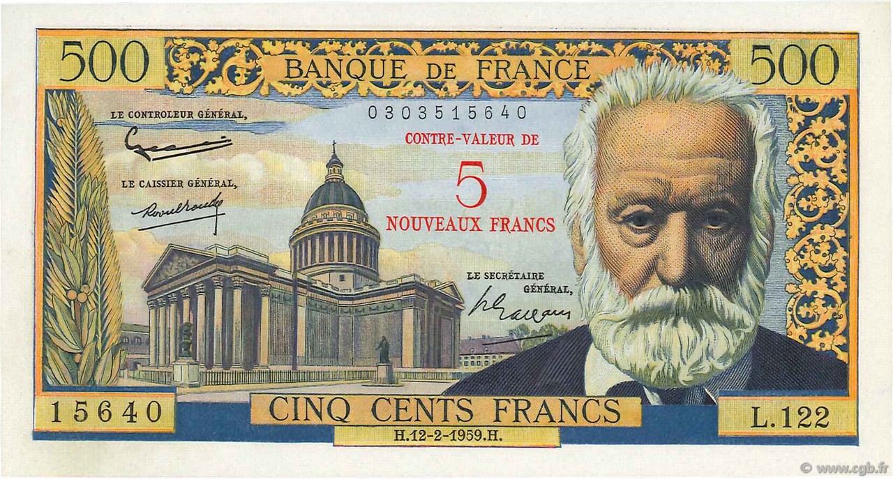 5 NF sur 500 Francs Victor HUGO Grand numéro FRANCE  1959 F.52.02 UNC
