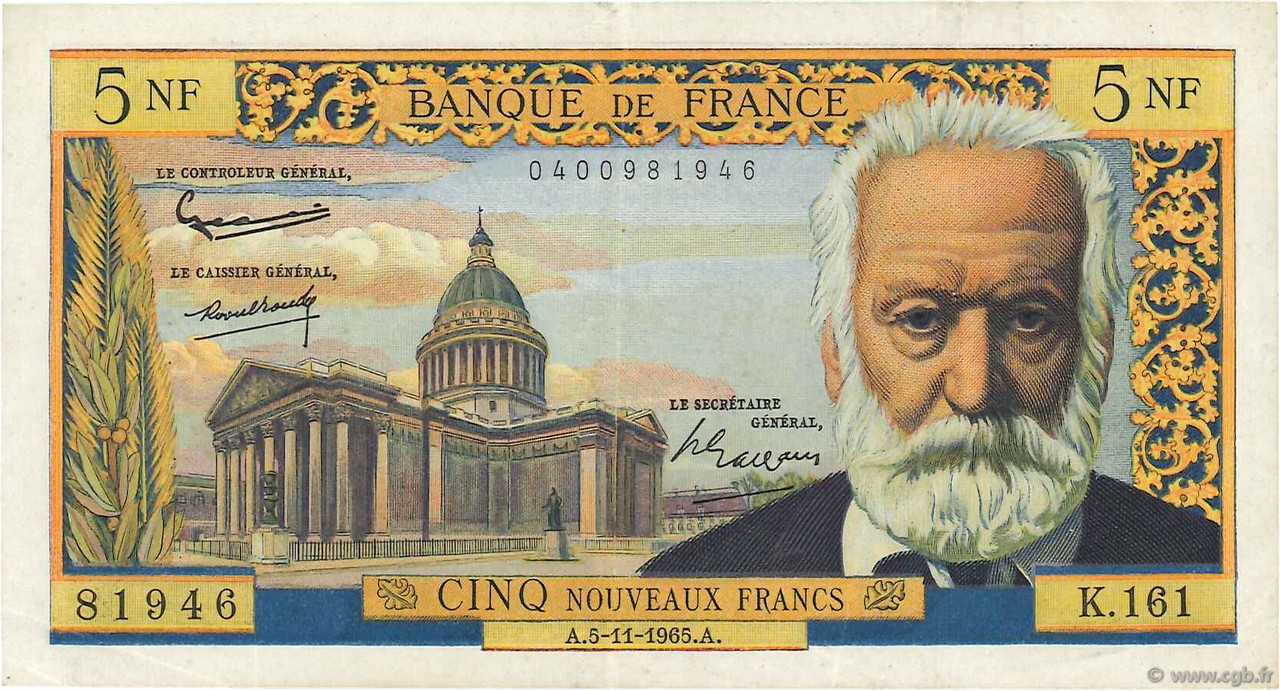 5 Nouveaux Francs VICTOR HUGO FRANKREICH  1965 F.56.21 fVZ