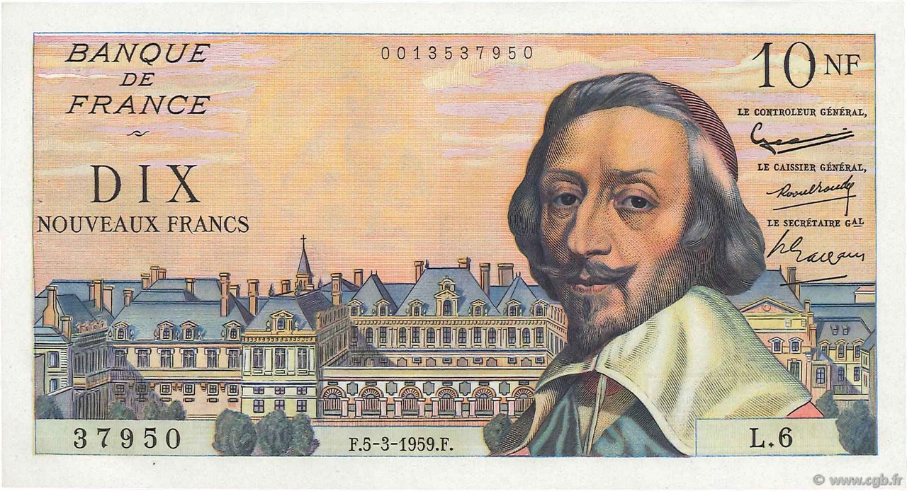 10 Nouveaux Francs RICHELIEU FRANCIA  1959 F.57.01 AU+