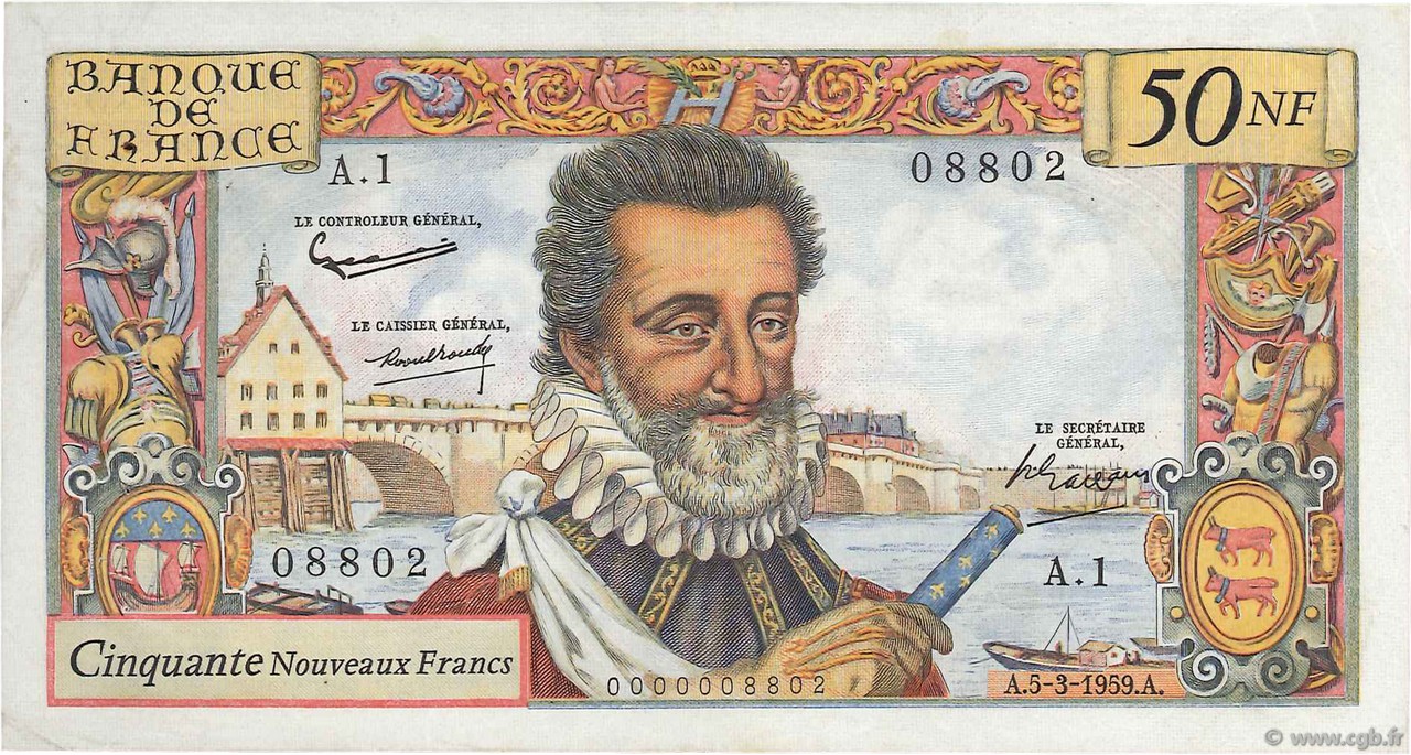 50 Nouveaux Francs HENRI IV FRANCE  1959 F.58.01A1 VF+