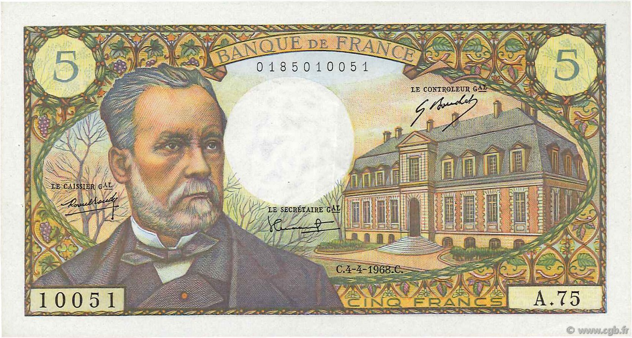 5 Francs PASTEUR FRANCIA  1968 F.61.07 EBC