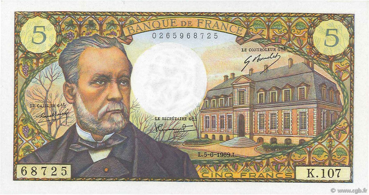 5 Francs PASTEUR FRANCIA  1969 F.61.10 FDC