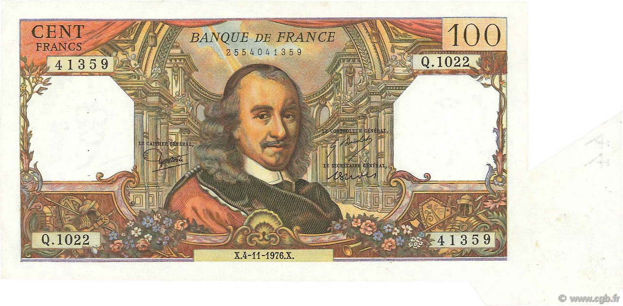 100 Francs CORNEILLE FRANCE  1976 F.65.55 XF