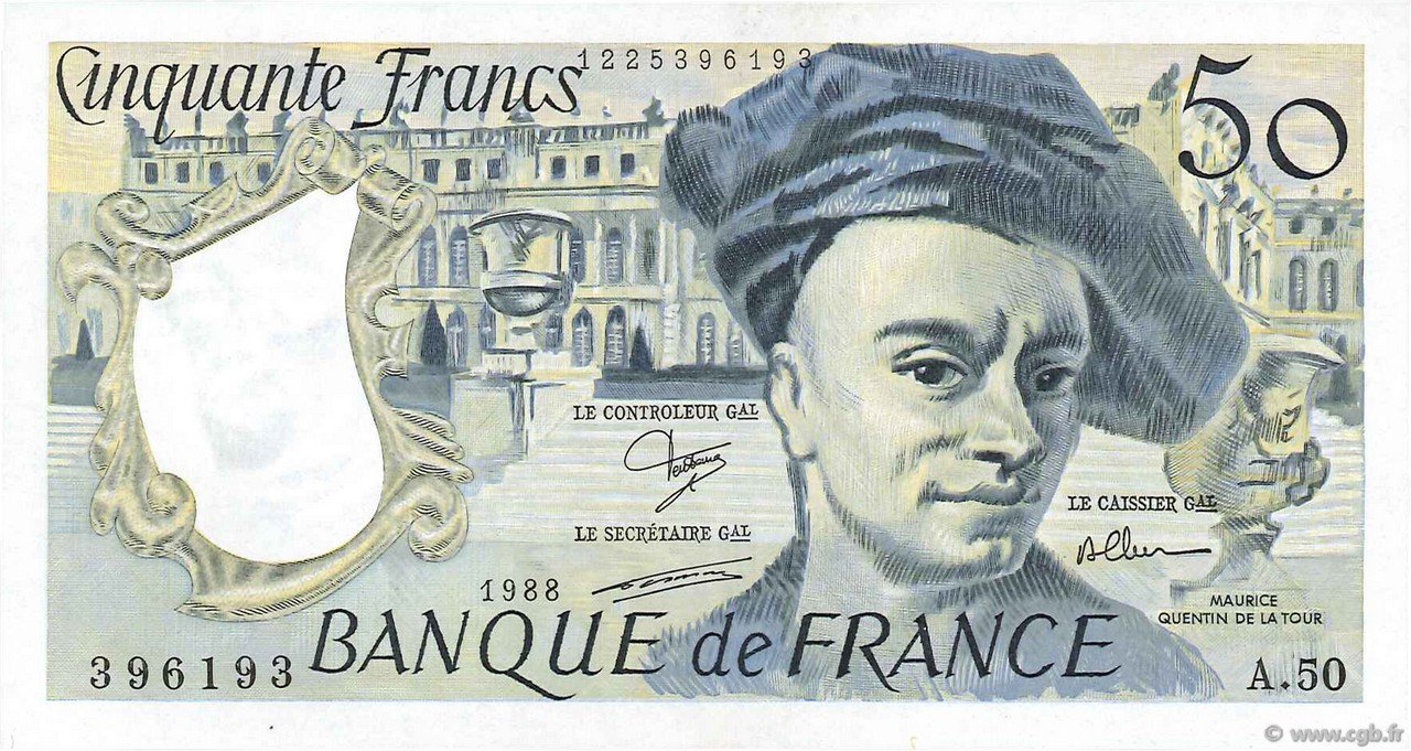 50 Francs QUENTIN DE LA TOUR FRANCIA  1988 F.67.14A50 FDC