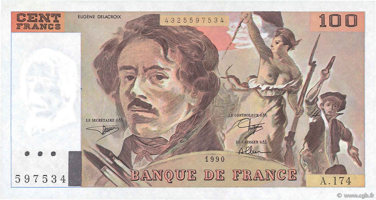 100 Francs DELACROIX imprimé en continu FRANCE  1990 F.69bis.02c UNC-