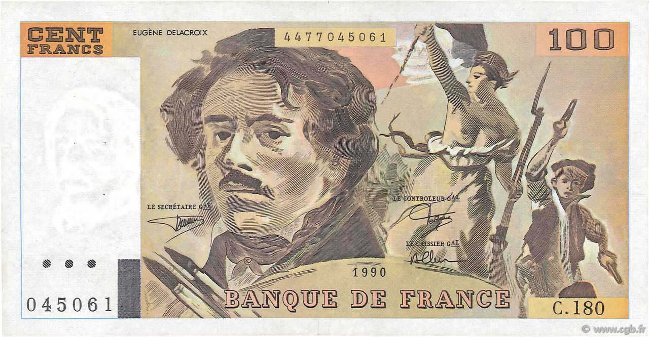 100 Francs DELACROIX imprimé en continu FRANCE  1990 F.69bis.02d VF