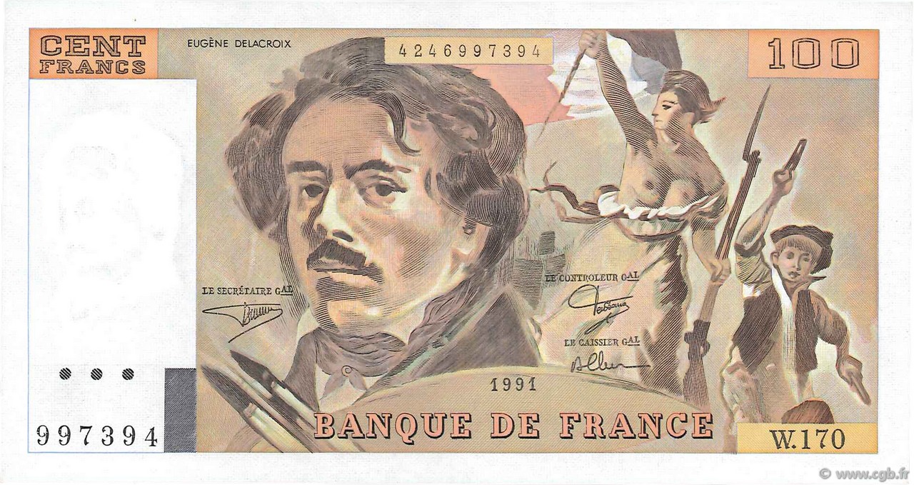 100 Francs DELACROIX imprimé en continu FRANCE  1991 F.69bis.03a1b XF+