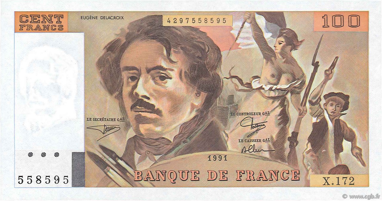 100 Francs DELACROIX imprimé en continu FRANKREICH  1991 F.69bis.03a4 fST+
