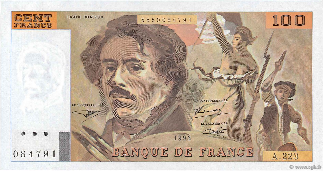 100 Francs DELACROIX imprimé en continu FRANKREICH  1993 F.69bis.07 fST