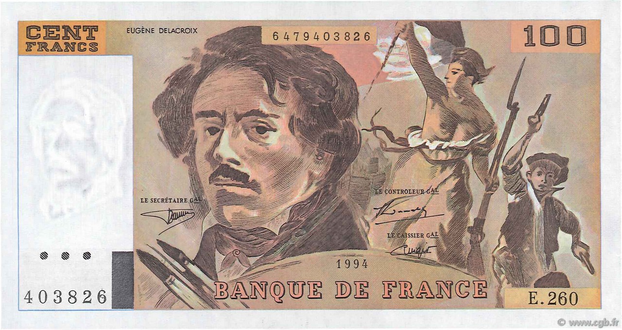 100 Francs DELACROIX 442-1 & 442-2 FRANKREICH  1994 F.69ter.01a fST+