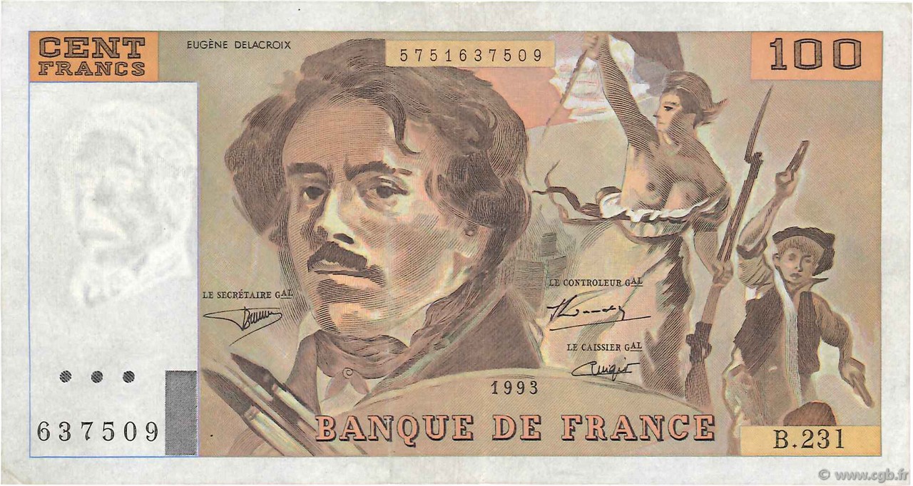 100 Francs DELACROIX  UNIFACE FRANCIA  1995 F.69bisU.08 MBC+