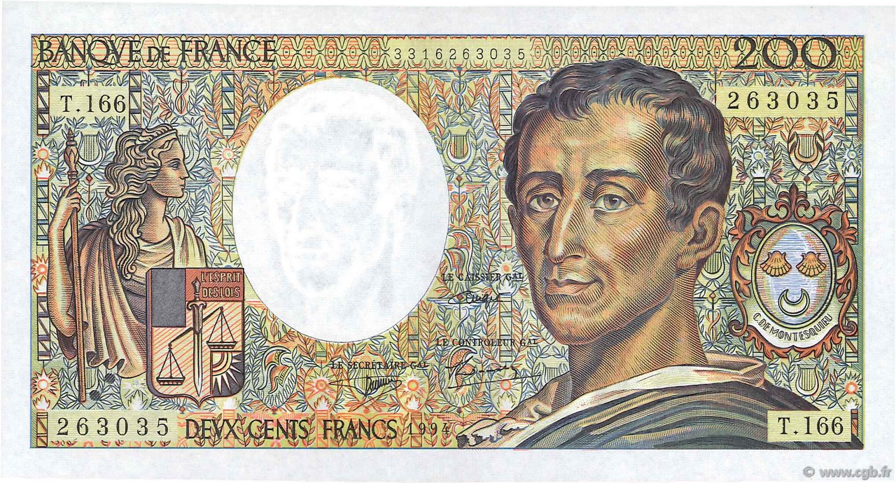 200 Francs MONTESQUIEU Modifié FRANKREICH  1994 F.70/2.01 ST