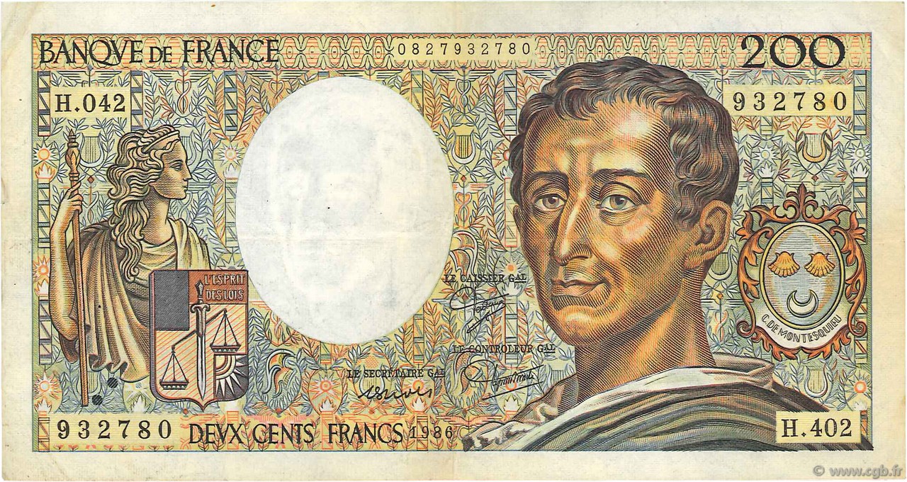 200 Francs MONTESQUIEU alphabet H.402 FRANCIA  1986 F.70ter.01 MBC