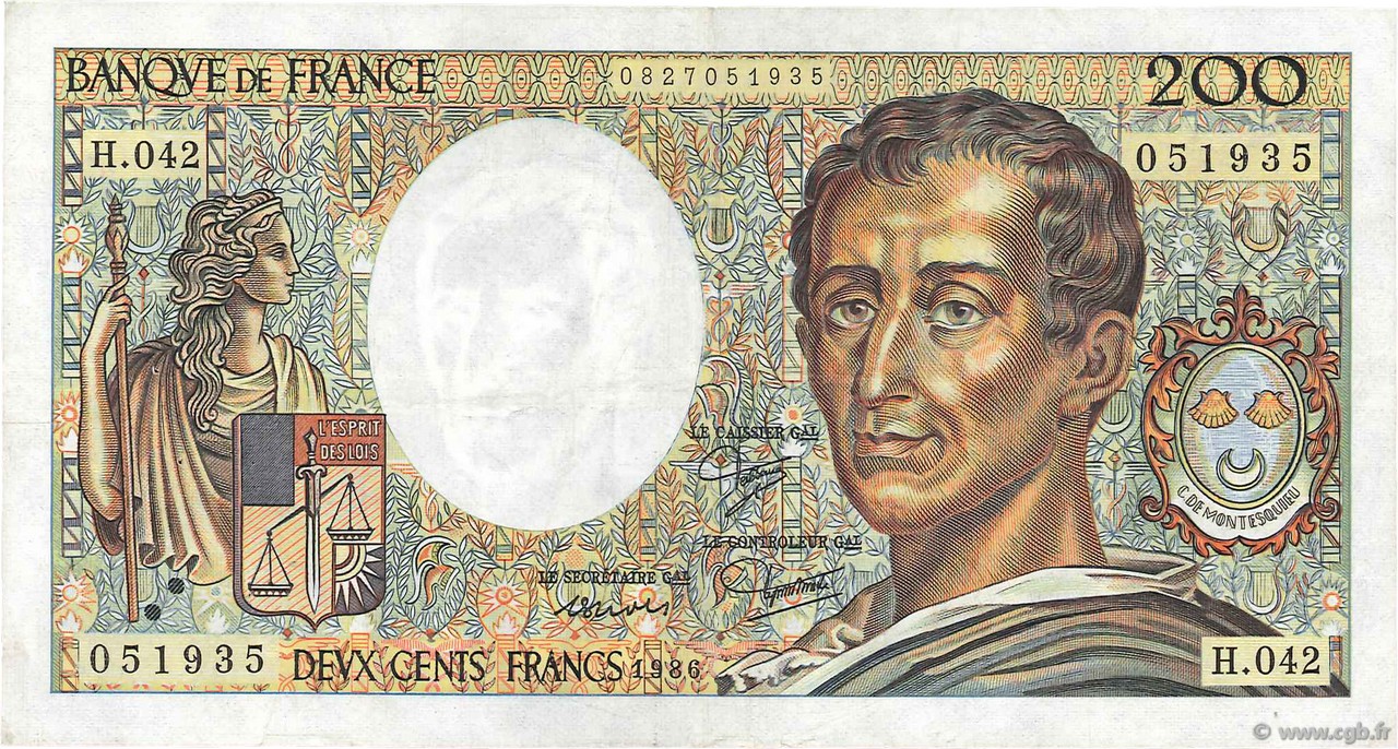 200 Francs MONTESQUIEU FRANKREICH  1986 F.70ter.01a fVZ