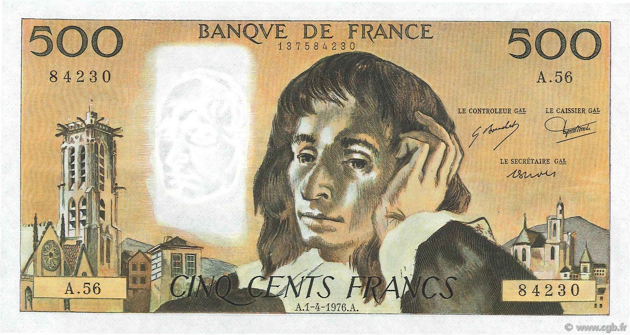 500 Francs PASCAL FRANKREICH  1976 F.71.14 fST+