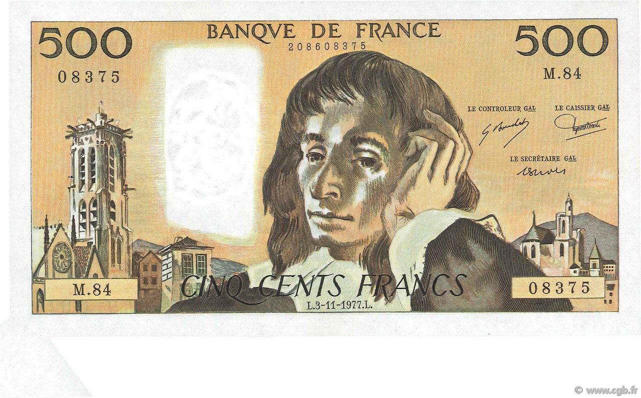 500 Francs PASCAL Fauté FRANKREICH  1977 F.71.17 fST