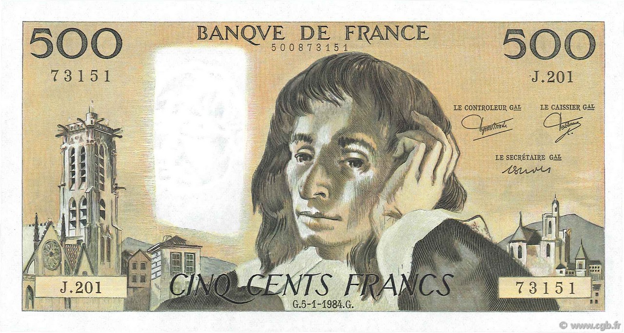 500 Francs PASCAL FRANCE  1984 F.71.30 UNC