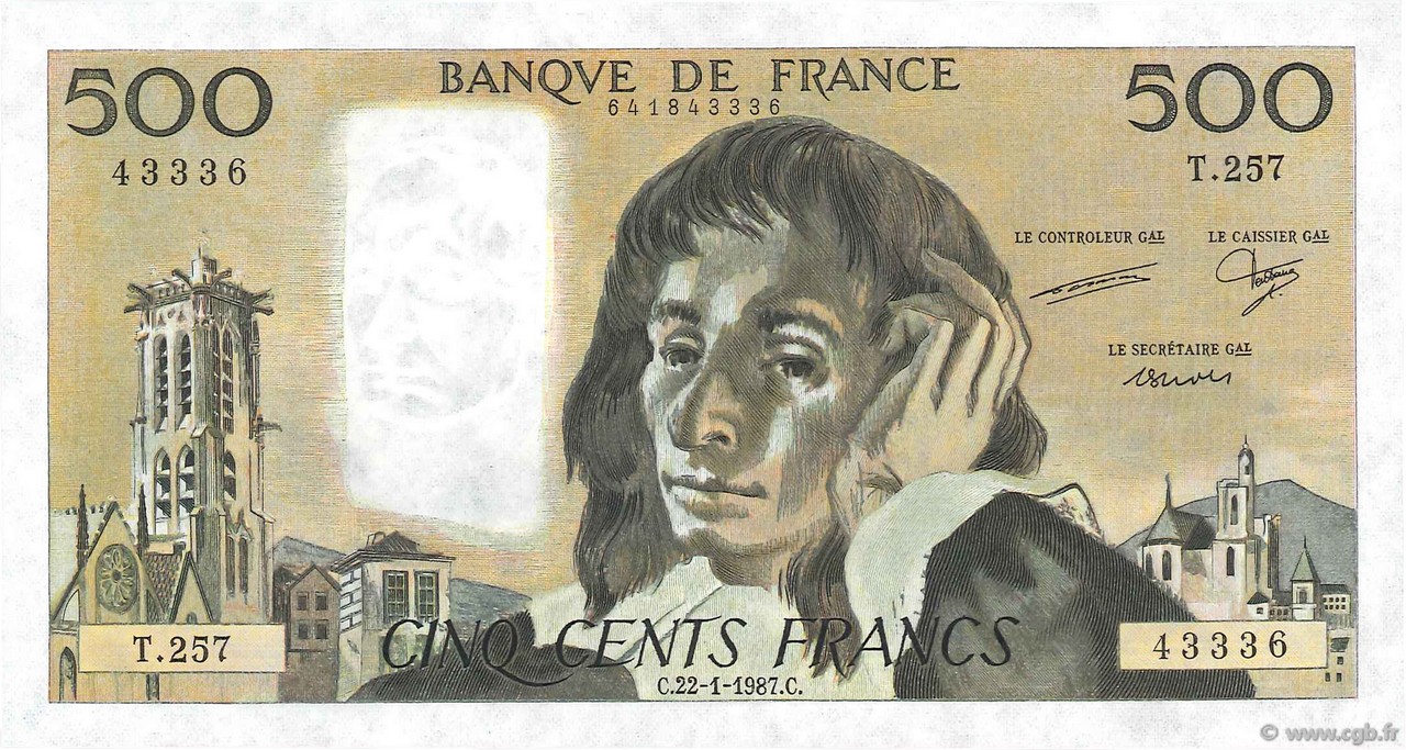 500 Francs PASCAL FRANKREICH  1987 F.71.36 fST