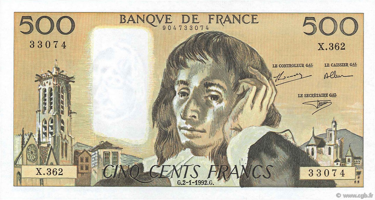 500 Francs PASCAL FRANKREICH  1992 F.71.49 ST