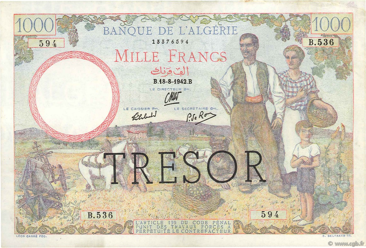 1000 Francs Algérie FRANCE  1943 VF.10.02 XF