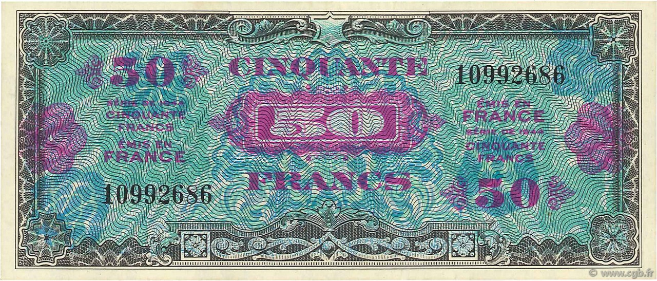 50 Francs DRAPEAU FRANKREICH  1944 VF.19.01 fST+