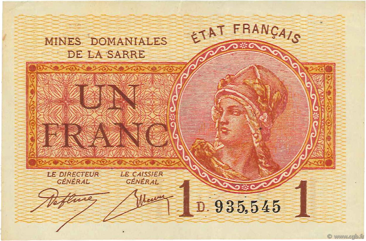 1 Franc MINES DOMANIALES DE LA SARRE FRANKREICH  1920 VF.51.04 VZ
