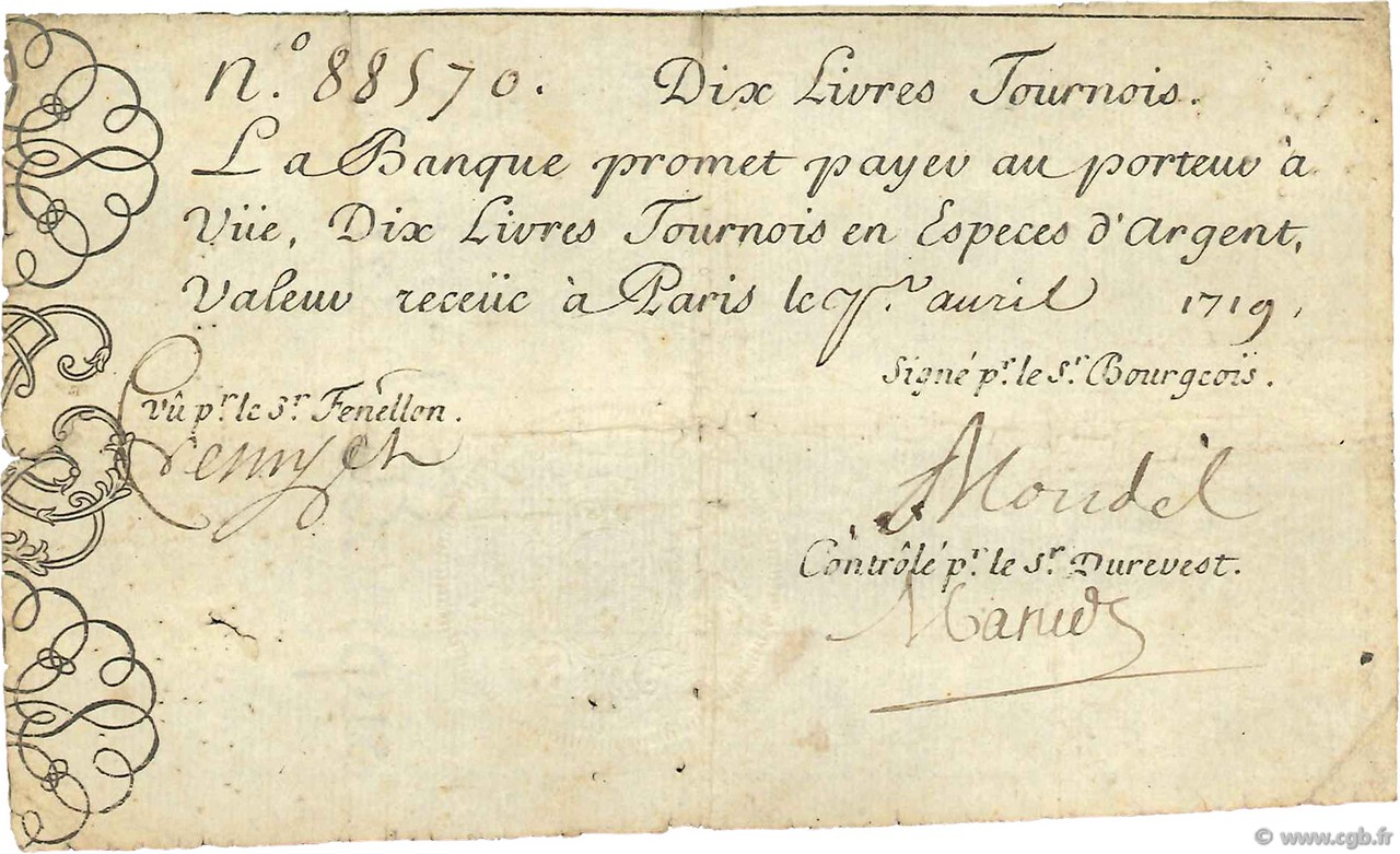 10 Livres Tournois gravé FRANCE  1719 Dor.01 F-