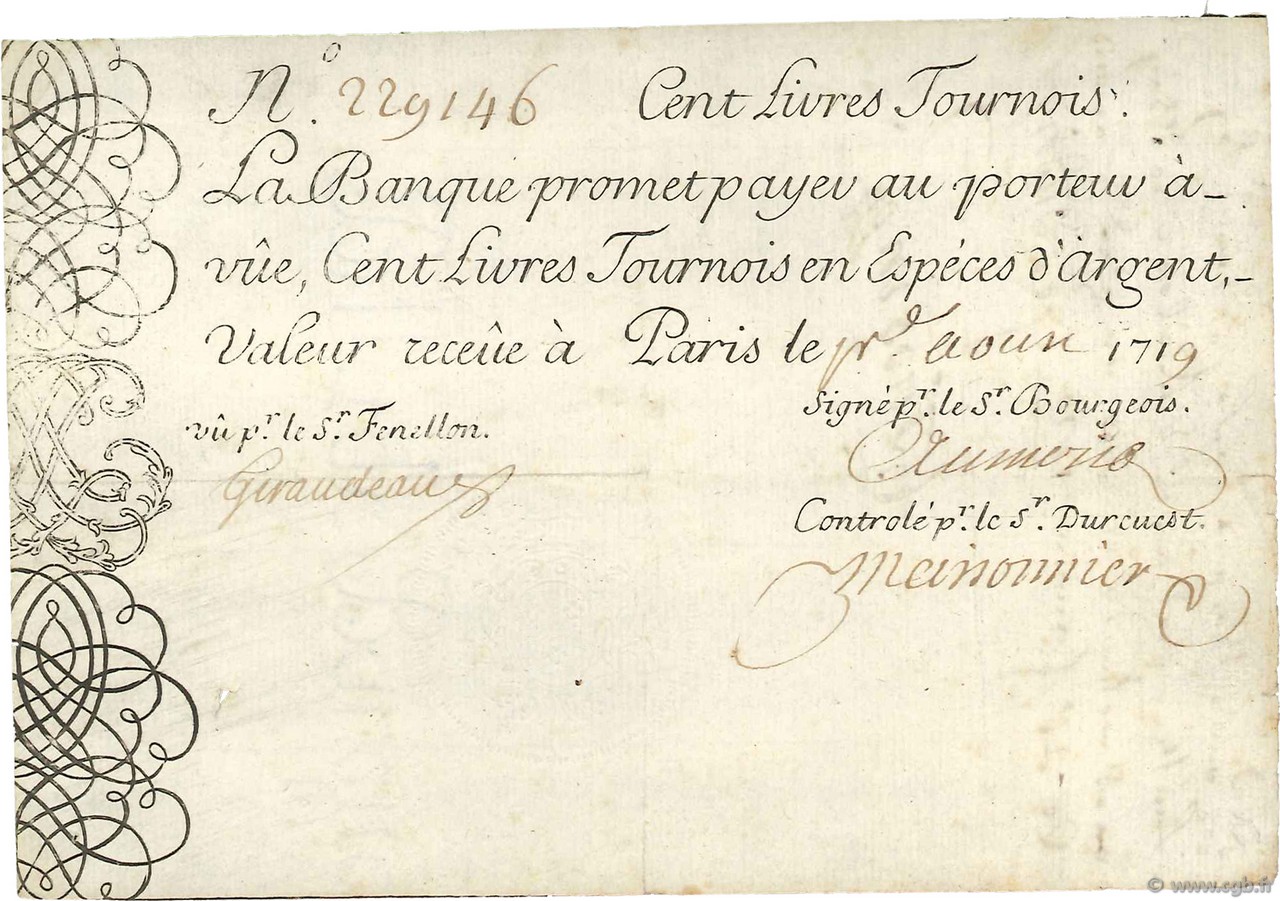 100 Livres Tournois gravé FRANCIA  1719 Dor.07 MBC