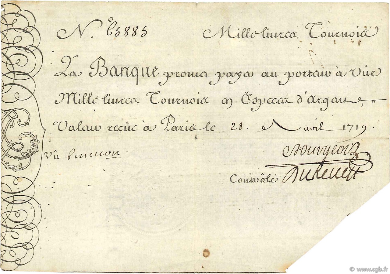 1000 Livres Tournois gravé FRANCE  1719 Dor.12 VF