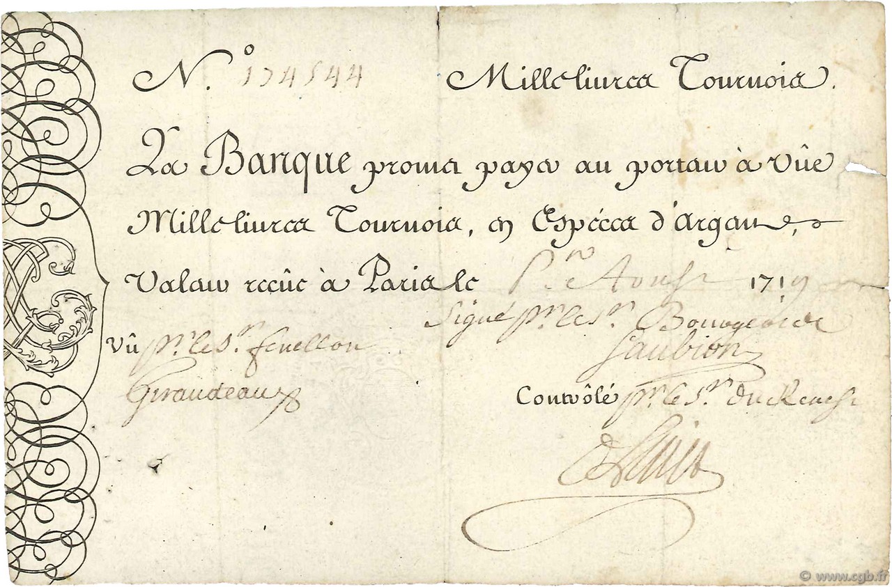 1000 Livres Tournois gravé FRANCIA  1719 Dor.14 BC+
