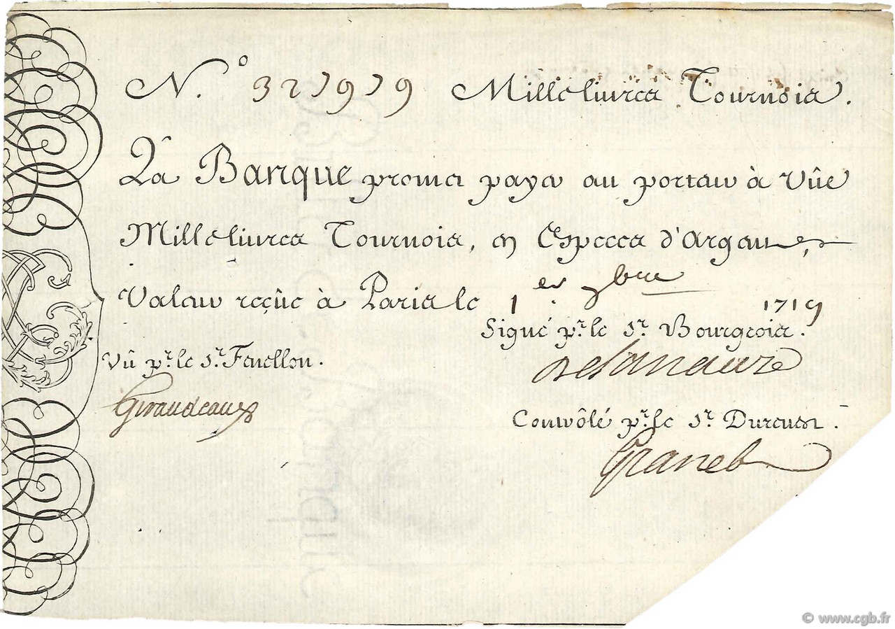 1000 Livres Tournois gravé FRANCE  1719 Dor.15 XF-