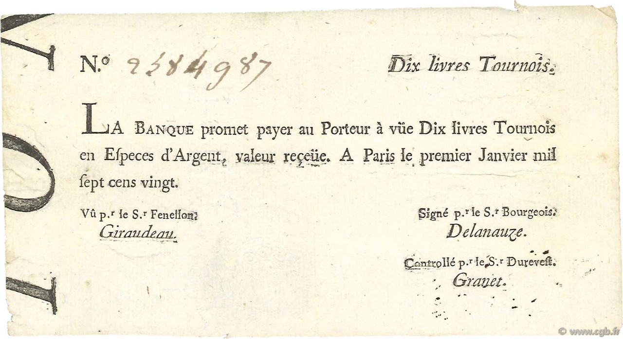 10 Livres Tournois typographié FRANCIA  1720 Dor.21 q.SPL